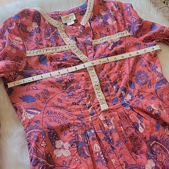 MAEVE | ANTHRO Abella Pink Blue Butterfly Crochet Pintuck Boho Cottage Top 4 - Picture 7 of 9